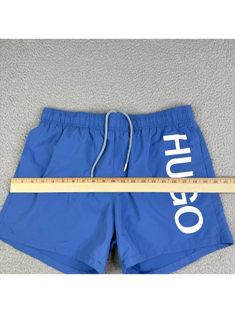 HUGO Men's Swim Trunks Blue White Logo Elastic Waist Mesh Lined Size L